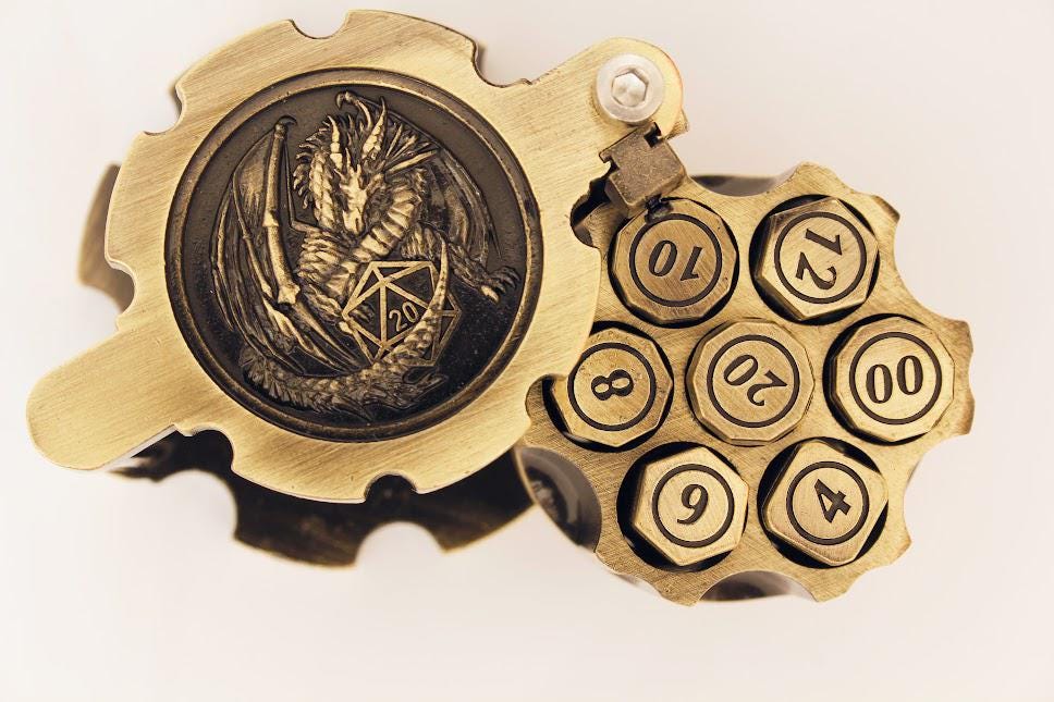 Ancient Brass Bullet Dice Set with Revolver Case Metal D&D Dice Spinning Hex Chamber RPG Dice Gift Fidget Toy Steampunk Gifts Collectable
