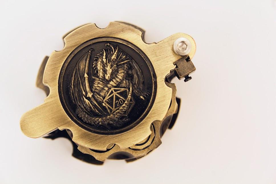 Ancient Brass Bullet Dice Set with Revolver Case Metal D&D Dice Spinning Hex Chamber RPG Dice Gift Fidget Toy Steampunk Gifts Collectable