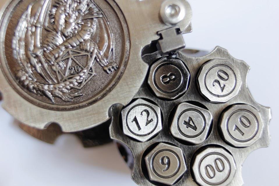 Silver Brass Bullet Dice Set with Revolver Case Metal D&D Dice Spinning Hex Chamber RPG Dice Gift Fidget Toy Steampunk Gifts Collectable