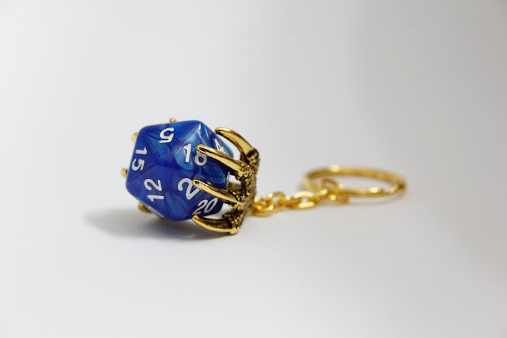 Dice Keyring with Dragon Claw Holder Blue D20