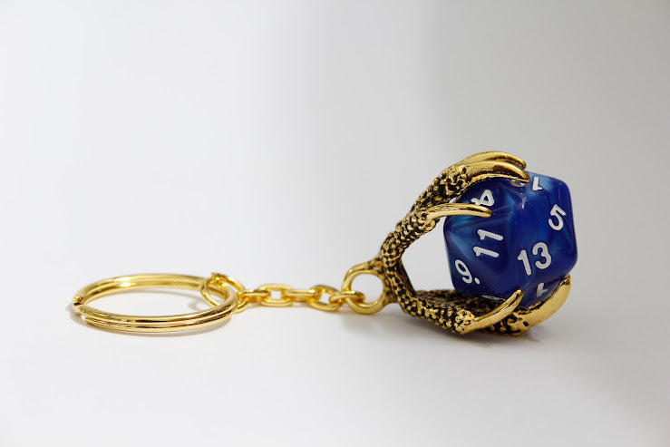 Dice Keyring with Dragon Claw Holder Blue D20