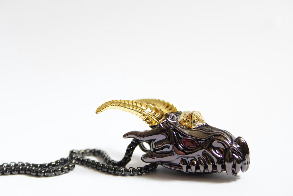 Dragon Head Dice Necklace | RPG Polyhedral Dice Pendant | Tabletop Gaming Jewellery | Fantasy Roleplay Gift for Gamers